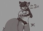  2021 anthro bottomless canid canine clothed clothing dialogue english_text female fox genitals grey_background hair honey_(mewmus) leg_markings looking_at_viewer mammal markings mewmus pussy shirt simple_background smile socks_(marking) solo text text_on_clothing text_on_shirt text_on_topwear topwear 