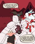 4:5 60percentscalie abs andromorph anthro breaking building cloak cloak_only clothing comic demon dialogue dovak dragon duo english_text hi_res intersex lidded_eyes male mammal muscular mythological_creature mythological_scalie mythology scalie teeth text tongue