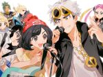  3girls 4boys absurdres band_(music) baseball_cap bass_guitar beanie black_hair blonde_hair chain closed_eyes drum drum_set electric_guitar elio_(pokemon) eyewear_on_head fua1heyvot4ifsr gladion_(pokemon) gold_chain grey_hair guitar guzma_(pokemon) hat hau_(pokemon) highres hood hoodie instrument lillie_(pokemon) microphone multiple_boys multiple_girls plumeria_(pokemon) pokemon pokemon_sm purple_hair selene_(pokemon) siblings sunglasses team_skull upper_body white_background white_hair z-ring 