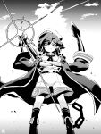  1girl anchor belt breasts cape chain cloud crossed_arms diffraction_spikes from_below glint hat jacket jacket_on_shoulders legs_apart medium_breasts messy_hair midriff monochrome murasa_minamitsu navel outdoors serious shorts solo standing tanasuke touhou touhou_gouyoku_ibun v-shaped_eyebrows 