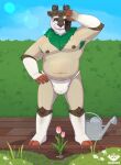 absurd_res age_difference anthro armpit_hair asian_clothing belly big_belly bodily_fluids body_hair bovid bulge chest_hair clothed clothing digital_media_(artwork) dirt east_asian_clothing eyewear facial_hair fundoshi fundoshi_only fur garden gardening generation_6_pokemon glasses gogoat grass hair heronin868 hi_res horn humanoid japanese_clothing male male/male mammal multicolored_body multicolored_fur muscular muscular_anthro muscular_male navel nintendo nipples older_male outside overweight overweight_male pecs plant pokemon pokemon_(species) shaded smile solo sweat teeth thick_thighs topless underwear underwear_only
