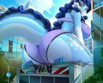 anthro blue_body blue_hair bra circle_(marking) city clothed clothing day detailed_background digital_drawing_(artwork) digital_media_(artwork) dragon female green_eyes hair hi_res inflatable jettrax ladnelsiya looking_back macro macro_female mythological_creature mythological_scalie mythology outside panties purple_bra purple_clothing purple_panties purple_underwear rear_view russian_text scalie sitting_on_building solo text underwear underwear_only