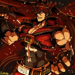  1boy abs artist_name belt brown_hair embers fingerless_gloves gloves guilty_gear headband holding holding_sword holding_weapon long_hair looking_at_viewer male_focus muscular muscular_male open_mouth over_shoulder pectoral_cleavage pectorals ponytail red_eyes simple_background sol_badguy solo spiked_hair suparu_(detteiu) sword sword_over_shoulder weapon weapon_over_shoulder 