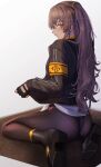  1girl 3_small_spiders absurdres black_pantyhose boots fingerless_gloves from_behind girls&#039;_frontline gloves grey_hair highres jacket leotard long_hair no_pants one_side_up pantyhose scar scar_across_eye scar_on_face sitting ump45_(girls&#039;_frontline) wariza yellow_eyes 