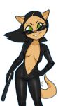 2025 anthro black_hair clothing dbaru domestic_cat eyewear felid feline felis female fur green_eyes gun hair hi_res holding_gun holding_object holding_ranged_weapon holding_weapon inner_boob jumpsuit kitty_katswell mammal navel nickelodeon open_jumpsuit ranged_weapon silencer simple_background solo sunglasses t.u.f.f._puppy tan_body tan_fur weapon white_background zipper_down