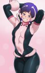  1girl arms_behind_back arms_up audio_jack black_bodysuit blunt_bangs blush bob_cut bodysuit boku_no_hero_academia breasts commentary_request cosplay covered_navel cowboy_shot english_commentary evoltodraw gradient_background grin headgear highres jiro_kyoka long_earlobes looking_at_viewer medium_hair neck_armor paid_reward_available pink_background pink_bodysuit purple_eyes purple_hair small_breasts smile solo standing superhero_costume two-tone_bodysuit uraraka_ochaco uraraka_ochaco_(cosplay) wrist_cuffs 