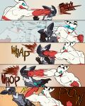60percentscalie abs angry anthro bat beatdown blood blood_on_face bodily_fluids clothed clothing demon dovak duo english_text fight fist forest fur gloves grey_body grey_fur grey_wings hair handwear hi_res holding_body humanoid male mammal onomatopoeia open_mouth plant punch scalie sound_effects standing sweat sweatdrop text topless topless_male tree vauruk white_hair wings wounded