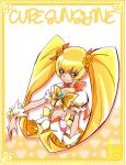  1girl bangs blonde_hair character_name choker commentary_request cure_sunshine earrings hair_ornament hair_ribbon happy heartcatch_precure! highres jewelry long_hair looking_at_viewer magical_girl midriff myoudouin_itsuki navel precure puffy_short_sleeves puffy_sleeves pururun_z ribbon short_sleeves skirt smile solo twintails very_long_hair wrist_cuffs yellow_eyes yellow_skirt 