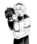  2girls blush covering_another&#039;s_mouth greyscale hand_over_another&#039;s_mouth heart-shift_bracelets highres hug jiguang_haibao koishikawa_iko long_hair momijiyama_teru monochrome multiple_girls neckerchief scar scar_across_eyebrow scar_on_face school_uniform serafuku shirt short_hair short_sleeves shy_(series) simple_background sweatdrop white_background yuri 