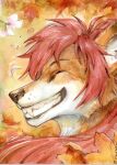  akatan_art ambiguous_gender anthro black_lips black_nose brown_body brown_fur canid cheek_tuft eyes_closed facial_tuft fangs floral_background fur grin hair hi_res lips mammal red_hair red_scarf scarf short_hair side_view signature smile solo tuft white_body white_fur 