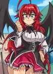  ahoge blue_eyes blue_sky breasts buttons clenched_hand cloud commission day demon_wings hair_between_eyes hand_on_own_hip high_school_dxd highres large_breasts light_blush long_hair long_sleeves looking_at_viewer moxydraws narrow_waist necktie red_hair rias_gremory school_uniform shirt skirt sky smile solo thick_thighs thighs wide_hips wings 