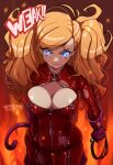  1girl arm_behind_back blonde_hair blood blood_on_face blue_eyes bodysuit breasts cat_tail cleavage closed_mouth english_commentary english_text fire gameplay_mechanics gloves haysey highres holding holding_whip large_breasts latex lips long_hair looking_at_viewer messy_hair no_mask orange_background persona persona_5 red_bodysuit signature solo tail takamaki_anne thigh_gap twintails v-shaped_eyebrows zipper 