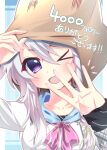  &gt;_o 1girl 9-nine- ;d absurdres bag bag_over_head blue_background blush bow bowtie braid collarbone commentary_request green_ribbon grey_hair hair_between_eyes hair_ribbon hands_up happy highres long_hair looking_at_viewer milestone_celebration niimi_sora notice_lines one_eye_closed open_mouth outline pink_bow pink_bowtie purple_eyes ribbon school_uniform sidelocks simple_background single_braid sleeves_past_wrists smile solo sukonbu385 translation_request upper_body v-shaped_eyebrows watermark white_outline 