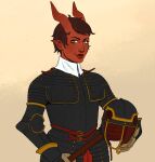 2025 armor arms_bent belt belt_buckle bingoblin black_armor black_eyebrows black_helmet brown_belt brown_clothing brown_gloves brown_hair brown_handwear buckle closed_smile clothed clothed_female clothed_humanoid clothing colored demon demon_humanoid digital_drawing_(artwork) digital_media_(artwork) english_description eyebrow_scar eyebrows eyelashes facial_scar female female_humanoid fully_clothed fully_clothed_female fully_clothed_humanoid gloves hair half-length_portrait handwear headgear helmet hi_res holding_armor holding_headgear holding_helmet holding_object horn horned_humanoid humanoid humanoid_pointy_ears lips mouth_closed not_furry pointy_ears portrait red_body red_horn red_lips red_skin scar shaded short_hair simple_background simple_shading smile smiling_at_viewer solo tan_background white_dress_shirt yellow_eyes