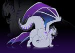 belly big_belly cmitchell dark_claws dragon feral grey_body grey_horn grey_skin hi_res horn long_tail male mythological_creature mythological_scalie mythology purple_eyes purple_stripes scalie short_ears solo stripes tail vore wings