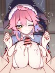 1boy 1girl absurdres alternate_eye_color bar_censor bikini blurry blurry_background blush breasts censored cleavage commentary_request cum cum_on_body cum_on_breasts grabbing_another&#039;s_breast grey_shirt groping hetero highres indoors large_breasts large_variant_set looking_at_viewer medium_hair okunoda_miyoi one_eye_closed open_mouth paizuri penis pink_hair pov pov_crotch shen_bi_ren_(user_rjgy2824) shirt shouji sliding_doors solo_focus swimsuit touhou upper_body variant_set whale_hat white_bikini yellow_eyes 