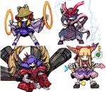  4girls chain crossover electricity food fruit glowing glowing_lines horns ibuki_suika kusanagi_kaoru mechanical_dress mechanical_hair mechanical_skirt mechanization medarot metal_hair moriya_suwako multiple_girls nagae_iku no_mouth onbashira orange_eyes red_eyes robot_girl rope shimenawa sitting touhou watermelon yasaka_kanako 