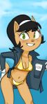 2025 accessory anthro bikini clothed clothing dbaru domestic_cat felid feline felis female fur gold_bikini green_eyes grin hair_accessory hairband jacket kitty_katswell mammal nickelodeon open_clothing open_jacket open_topwear smile solo swimwear t.u.f.f._puppy tan_body tan_fur topwear two-piece_swimsuit