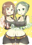  2girls :d alternate_costume black_skirt breasts brown_eyes brown_hair cleavage cowboy_shot english_text green_eyes green_hair heart large_breasts looking_at_viewer matsu_kitsune multiple_girls navel nishida_satono open_mouth short_hair_with_long_locks skirt smile standing stomach tank_top teireida_mai touhou 