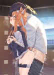  1boy 1girl animal_ear_fluff animal_ears blue_archive blue_eyes blurry blurry_background clothed_sex hairband halo heart highres hug hug_from_behind jacket long_hair long_sleeves mari_(blue_archive) mari_(gym_uniform)_(blue_archive) motion_lines official_alternate_costume open_mouth orange_hair sakimori_dan sex sex_from_behind shirt sidelocks stadium standing standing_sex sweat track_jacket white_hairband white_shirt 