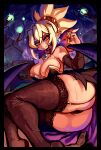  1girl ass bare_shoulders black_border black_panties blonde_hair blush border breasts bright_pupils brown_thighhighs cleavage closed_mouth detached_sleeves dress earrings embarrassed garter_straps highres jewelry lace lace-trimmed_legwear lace_trim large_breasts looking_at_viewer lying mogy64 original panties pointy_ears ponytail red_eyes sitting solo strapless strapless_dress thighhighs thighs underwear wings 