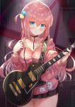  1girl between_breasts blue_eyes blush bocchi_the_rock! breasts chain-link_fence closed_mouth collarbone commentary_request electric_guitar fence guitar hair_between_eyes hair_ornament highres instrument long_hair looking_at_viewer pink_hair solo xephonia 