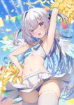  1girl absurdres amane_kanata angel_wings arm_up armpits bare_arms bare_shoulders blue_archive blue_hair blue_panties blue_sky blush breasts cheerleader confetti cosplay cowboy_shot crop_top facial_mark hair_ornament hairclip halo halterneck hand_on_hip hibiki_(blue_archive) hibiki_(blue_archive)_(cosplay) highres holding holding_pom_poms hololive juu_p long_hair looking_at_viewer miniskirt multicolored_hair name_tag navel open_mouth panties pink_hair pleated_skirt pom_pom_(cheerleading) purple_eyes skirt sky small_breasts star_(symbol) star_facial_mark star_halo stomach streaked_hair sweat thighhighs thighs two_side_up underwear virtual_youtuber white_hair white_skirt white_thighhighs white_wings wings 