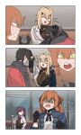  ! !! 1boy 3girls ? andoris_(girls&#039;_frontline_2) apron black_gloves blonde_hair bodysuit bodysuit_under_clothes breast_press breasts brown_apron brown_hair cleavage commander_(girls&#039;_frontline) commentary english_text girls&#039;_frontline girls&#039;_frontline_2:_exilium gloves green_eyes hair_between_eyes hair_ornament hair_ribbon hairclip hand_up headpat highres indoors long_hair long_sleeves looking_at_another makiatto_(girls&#039;_frontline_2) mole mole_under_eye mole_under_mouth multiple_girls natawaru necktie non-humanoid_robot open_mouth purple_hair red_necktie ribbon robot robot_animal sidelocks smile springfield_(girls&#039;_frontline) sweat upper_body wa2000_(girls&#039;_frontline) 