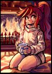  1girl black_border border bow closed_mouth coffee_mug cup dress fireplace full_body hair_bow high_ponytail highres indoors kneeling long_hair looking_at_viewer messy_hair mogy64 mug original plant ponytail potted_plant red_bow sidelocks smile solo sweater sweater_dress windowboxed 