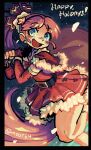  1girl :d artist_name bare_legs belt black_border blue_eyes border christmas dress earrings fur_trim gloves heart highres jewelry long_hair merry_christmas mogy64 night open_mouth original pink_hair ponytail santa_costume signature skirt sky smile solo star_(sky) twitter_username 