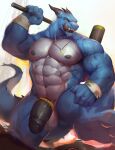  4_fingers abs absurd_res anthro balls biceps big_balls big_muscles big_penis blue_body blue_scales bodily_fluids countershade_torso countershading dragon draxius erection fingers foooooxes genitals green_eyes hammer hi_res horn humanoid_genitalia humanoid_penis jewelry male muscular muscular_anthro muscular_male nipples nude pecs penis scales scalie solo tongue tools vein white_body white_countershading 
