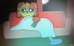 absurd_res anthro bedding blanket blue_light blush blush_lines canid canine catnap_(poppy_playtime) curtains curtains_open dogday_(poppy_playtime) duo felid feline fur furniture hi_res light male male/male mammal mob_entertainment moon moonlight orange_body orange_fur poppy_playtime purple_body purple_fur smiling_critters sofa tail tinky tv_remote watching_television