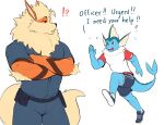 2025 absurd_res anthro arcanine blue_body clothing dialogue duo eeveelution english_text fur generation_1_pokemon hair hi_res looking_at_another male nintendo officer orange_body orange_fur pokemon pokemon_(species) running simple_background tail text uniform vaporeon white_background yolko_shark
