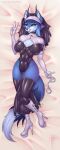 absurd_res anthro big_breasts black_sclera boots breasts canid canine clothing cuff_(restraint) dakimakura dakimakura_design female footwear fox gesture gloves hand_gesture handcuffs handwear hermitpioneer hi_res high_heeled_boots high_heels horn latex latex_clothing latex_gloves latex_handwear latex_legwear latex_stockings legwear looking_at_viewer mammal metal_cuffs restraints shoes smile smiling_at_viewer solo stockings succubus tongue tongue_out v_sign white_latex