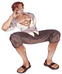  1boy abs beard brown_pants closed_eyes dm_0820 dress_shirt facial_hair hand_on_own_face highres invisible_chair male_focus muscular muscular_male one_piece pants partially_unbuttoned pectoral_cleavage pectorals red_hair sandals scar scar_across_eye scar_on_face shanks_(one_piece) shirt short_hair sitting white_background white_shirt 