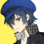  1girl androgynous black_jacket blue_eyes blue_hair blue_hat cabbie_hat collared_shirt commentary_request gakuran hair_between_eyes hat highres jacket looking_at_viewer naohaji persona persona_4 school_uniform shirogane_naoto shirt short_hair solo white_shirt yasogami_school_uniform 