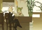 anthro bamboo chair clothed clothing container cup duo fur furniture green_hair hair hi_res holding_cup holding_object kemono lagomorph leporid male mammal milkytiger1145 on_chair rabbit sitting sitting_on_chair white_body white_fur 