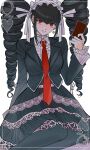  13x39 1girl absurdres bangs black_hair bonnet card celestia_ludenberg center_frills collared_shirt danganronpa:_trigger_happy_havoc danganronpa_(series) drill_hair earrings frills gothic_lolita grin hand_up heart highres jacket jewelry lace-trimmed_skirt lace_trim layered_skirt lolita_fashion long_hair long_sleeves looking_at_viewer necktie open_clothes open_jacket pantyhose playing_card red_eyes red_necktie shirt simple_background skirt smile solo teeth twin_drills twintails white_background 