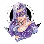  1boy blue_eyes cleavage_cutout clothing_cutout collarbone commentary cropped_torso domino_mask english_commentary gloves holding holding_vial jojo_no_kimyou_na_bouken licking_lips long_hair looking_at_viewer male_focus mask melone painting_(medium) pectoral_cleavage pectorals purple_gloves purple_hair purple_mask purple_shirt shirt si3art signature single_bare_shoulder solo tongue tongue_out traditional_media vento_aureo vial watercolor_(medium) 