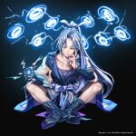  1boy blue_eyes boots closed_mouth collarbone english_text hand_on_own_face hero_cantare highres khun_edhuan lightning long_hair looking_at_viewer official_art ponytail sitting smile tower_of_god yagaaaa 