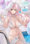  1girl ahoge balloon bare_arms bare_shoulders bikini blue_archive blush breasts cleavage cowboy_shot dema_hmw drain_(object) green_eyes halo halterneck hanako_(blue_archive) hands_up highres holding holding_towel lane_line large_breasts long_hair navel neck_ribbon parted_lips pink_hair pool pool_ladder revision ribbon smile solo stomach string_bikini swimsuit towel towel_on_head towel_on_legs wading water wet white_bikini white_ribbon white_towel wristband 