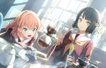  2girls aqua_eyes black_hair blunt_bangs blunt_ends bob_cut brown_dress cerise_bouquet closed_mouth clubroom coffee coffee_grinder coffee_maker coffee_siphon creamer_(vessel) crossed_bangs cup dress dutch_angle flower flower_knot game_cg green_eyes hair_flower hair_ornament hands_on_table hasu_no_sora_school_uniform highres hinoshita_kaho holding in-universe_location indoors leaning_forward link!_like!_love_live! long_sleeves love_live! medium_hair momose_ginko multiple_girls neckerchief non-web_source official_art open_mouth orange_hair rabbit_hair_ornament red_neckerchief sailor_collar sailor_dress saucer school_uniform short_hair smile split_mouth teacup teapot two_side_up virtual_youtuber white_flower white_sailor_collar window window_shadow winter_uniform yellow_neckerchief 