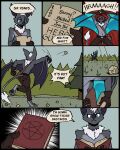 60percentscalie angry anthro bag bat blue_eyes book clothed clothing comic crumpled_paper digital_media_(artwork) english_text forest forest_background hexagram hi_res humanoid looking_down male mammal nature nature_background plant solo symbol text topless topless_male tree vauruk