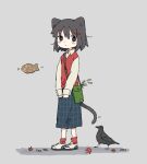  156m 1girl animal animal_ears ankle_socks autumn_leaves bag bangs bird black_bird black_hair black_tail blue_skirt blush blush_stickers bright_pupils brown_eyes cat_ears cat_girl cat_tail cigarette closed_mouth collared_shirt dated_commentary dot_nose expressionless food full_body green_bag grey_background hair_between_eyes hair_ornament hairclip highres leaf long_skirt long_sleeves looking_at_viewer looking_to_the_side maple_leaf motion_lines original outdoors pleated_skirt red_socks red_sweater_vest shirt shoes short_hair shoulder_bag simple_background skirt sleeves_past_wrists sneakers socks solo standing sweater_vest tail taiyaki v_arms wagashi white_footwear white_pupils white_shirt wing_collar 