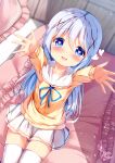  1girl :d arms_up bangs blue_eyes blue_hair blue_ribbon blurry blurry_background blush chinomaron commentary_request depth_of_field frilled_pillow frills gochuumon_wa_usagi_desu_ka? hair_between_eyes hair_ornament heart heart-shaped_pupils highres indoors kafuu_chino long_sleeves looking_at_viewer neck_ribbon on_bed pillow pleated_skirt reaching_towards_viewer ribbon sailor_collar school_uniform serafuku sitting skirt smile solo sweater symbol-shaped_pupils thighhighs white_sailor_collar white_skirt white_thighhighs x_hair_ornament yellow_sweater 
