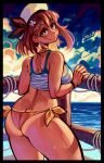  1girl arm_support ass atelier_(series) back bare_shoulders bikini black_border blue_sky blush boat border braid breasts brown_eyes brown_hair closed_mouth cloud cowboy_shot earrings from_behind hair_ornament highres jewelry looking_at_viewer looking_back mogy64 necklace ocean outdoors reisalin_stout short_hair side-tie_bikini_bottom sky smile solo sweat swimsuit tan tanlines thick_thighs thighs water watercraft wet 