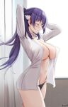  1girl areola_slip arms_up bangs black_panties blush breasts cleavage closed_eyes closed_mouth from_side hair_ornament highres keenh kyoka_eden large_breasts long_hair naked_shirt navel open_clothes open_shirt panties purple_hair scarlet_nexus shirt smile solo thighs underwear white_shirt 