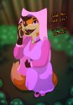  2021 anthro black_lips breasts canid canine clothing cosplay dialogue disney dress english_text female fox hi_res high-angle_view honey_(mewmus) lips looking_at_viewer maid_marian mammal mewmus pawpads pink_clothing pink_dress purple_eyes robin_hood_(disney) smile solo text 
