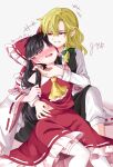  2girls absurdres ascot black_skirt black_vest blonde_hair blush bow braid breasts brown_hair commentary_request detached_sleeves frilled_bow frilled_hair_tubes frilled_skirt frills green_bow grin hair_bow hair_tubes hakurei_reimu highres kirisame_marisa long_hair mito_(fate) multiple_girls no_headwear open_mouth red_bow red_eyes red_skirt ribbon-trimmed_skirt ribbon-trimmed_sleeves ribbon_trim side_braid signature single_braid sitting skirt skirt_set smile thighhighs touhou twitter_username very_long_hair vest white_thighhighs yellow_ascot yuri 