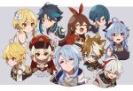  4girls 6+boys :t aether_(genshin_impact) ahoge amber_(genshin_impact) animal_ears animal_print aqua_hair bead_necklace beads black_hair black_shirt blonde_hair blue_eyes blue_hair bow breasts brown_eyes brown_gloves brown_hair cabbie_hat cleavage closed_eyes commentary_request corn_kuten cow_print cropped_shoulders dog_ears dress facial_mark feather_hair flower forehead_mark frown ganyu_(genshin_impact) genshin_impact gloves goat_horns goggles goggles_around_neck gorou_(genshin_impact) gradient_hair grey_background hair_bow hair_flower hair_ornament hat high_collar horns jacket jewelry kaedehara_kazuha kamisato_ayato klee_(genshin_impact) large_breasts letterboxed looking_at_viewer lumine_(genshin_impact) multicolored_hair multiple_boys multiple_girls necklace pointy_ears ponytail profile red_bow red_eyes red_hair red_hat red_jacket scarf serious shirt short_hair short_hair_with_long_locks simple_background sleeveless sleeveless_shirt streaked_hair watermark white_background white_dress white_flower white_hair white_jacket white_scarf xiao_(genshin_impact) xingqiu_(genshin_impact) yellow_eyes 